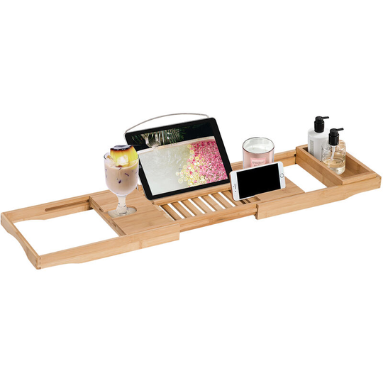 Extendable Bath Tub Bathroom Tray Bathtub Caddy Shelf Wine Holder Book - Bamboo - Homcom