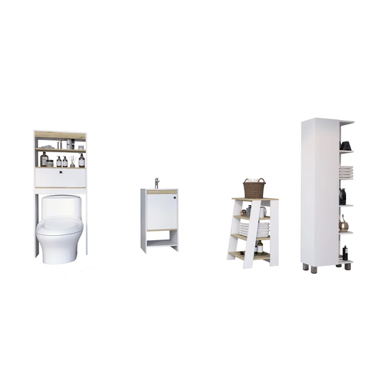 Set Malaga, Z 44 Low Organizer + Floor Standing Bathroom Cabinet With Sink + Bathroom Shelf Over Toilet + Bathroom Corner Column