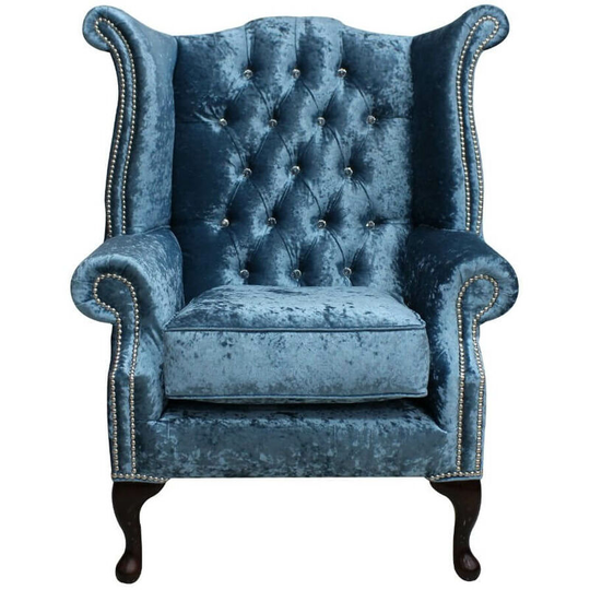 Chesterfield Crystal Queen Anne High Back Wing Chair Shimmer Aqua Velvet
