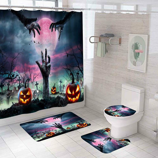 Cemetery Hand Halloween Shower Curtain Sets, Generic 71 inch x 71 inch Halloween Bathroom Decorations Set - Shower Curtain with Mat, Toilet Lid