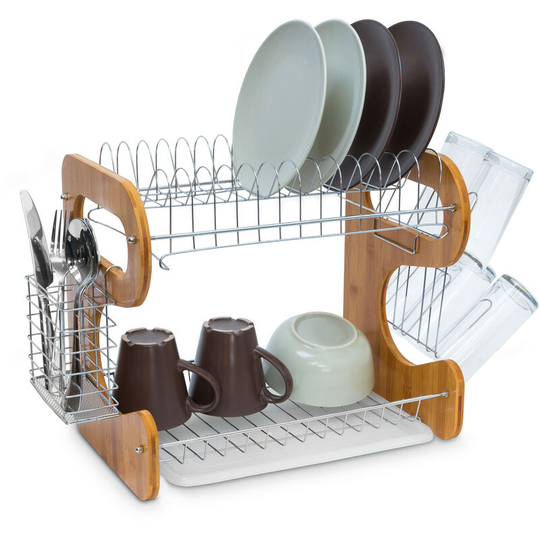 Relaxdays - Draining Rack with 2 Levels 35 x 51 x 26.5 cm 2 Shelf Large Kitchen Dish Rack Bamboo & Metal With Drip Tray And Cutlery Basket Dish