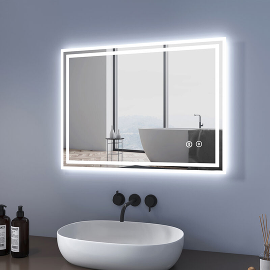 Led Bathroom Mirror 80x60cm, Touch Contorl Illuminated Bathroom Mirrors with Bluetooth & Demister, with Shaver Socket - 80x60x3.7cm | + Touch +