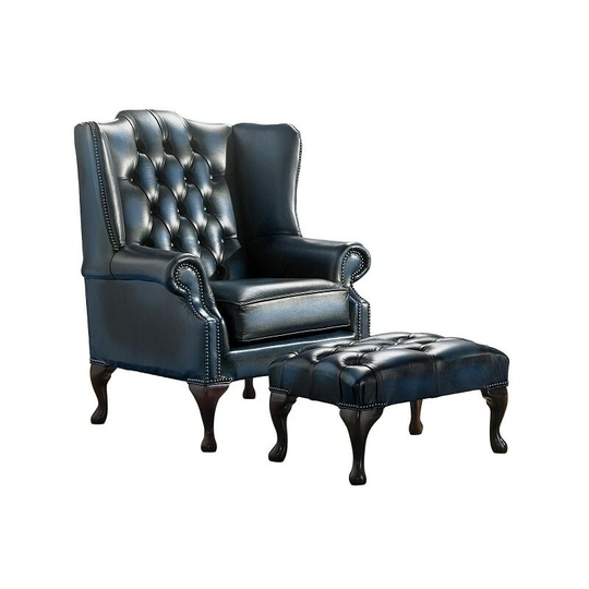 Chesterfield Handmade Mallory Flat Wing Back Armchair Antique Blue Leather + Footstool