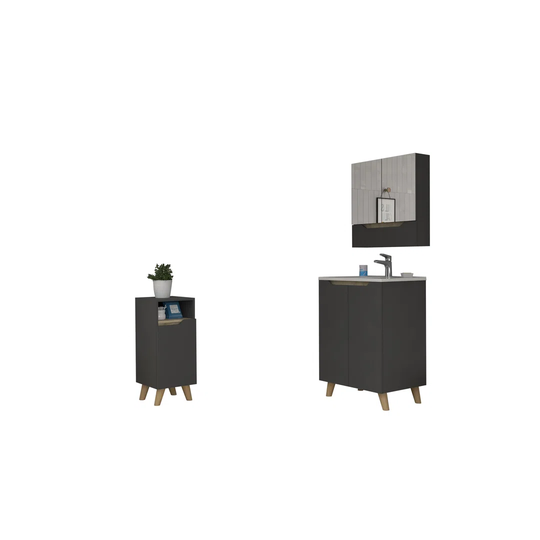 Set Laurent, Wall Cabinet With Mirror + Floor Standing Bathroom Vanity With Sink + Medium Wall Cabinet