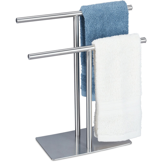Freestanding towel stand with two rails, no-drill towel rack, table top, jewellery organiser, small, silver - Relaxdays
