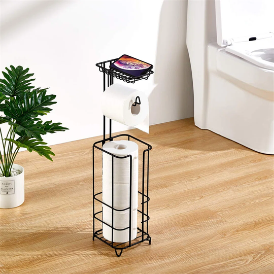 Toilet Paper Holder Stand, Free Standing Bathroom Tissue Roll Holder Storage Stand Dispenser With Shelf For Cell Phone, Wipe, Wallet And More- White