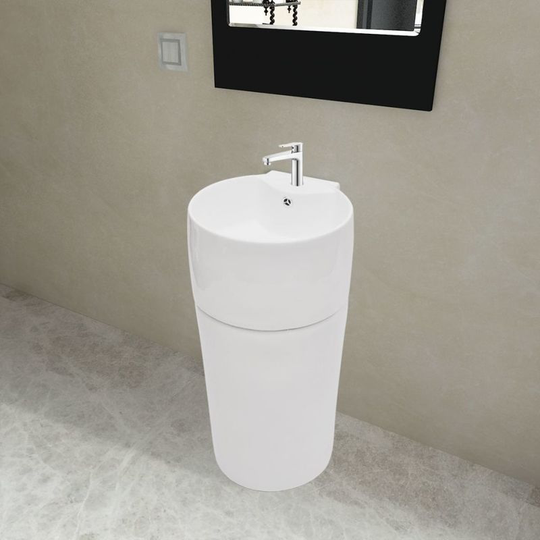 Ceramic Stand Bathroom Sink Basin Faucet/Overflow Hole White Round VD04220