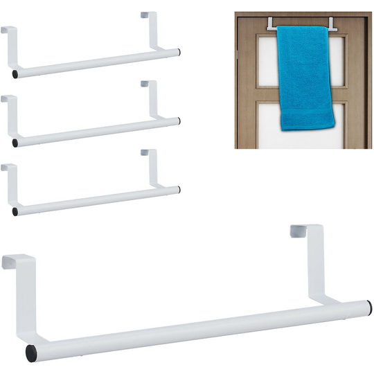 Set of 4 Towel Holders for Doors & Closet, Hanging, Stainless Steel, Rail, Kitchen & Bathroom, White - Relaxdays