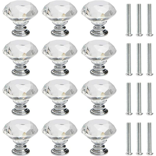 Perlerare - Set of 12 30mm Diamond Crystal Dresser Door Knob Door Knob with Screws Decorative Door Cabinet Drawer Chest Drawer Handle Silver