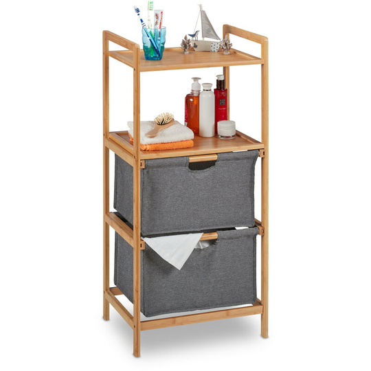 Bathroom Shelf, with 2 Shelves & 2 Fabric Baskets, Bamboo Laundry Sorter, hwd: 96 x 44 x 34 cm, Natural/Grey - Relaxdays