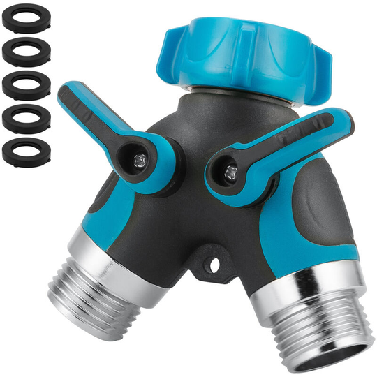 Garden Faucet, Faucet Diverter, Hose Diverter and Garden Hose Splitter, Hose Faucet Diverter, All Metal, with Shut Off Valve (Blue)