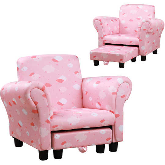 Cute Cloud Star Child Armchair Seat Wood Frame w/ Footrest Padding Pink - pink - Homcom