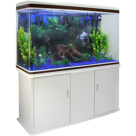 Aquarium Fish Tank & Cabinet with Complete Starter Kit - White Tank & Blue Gravel - White