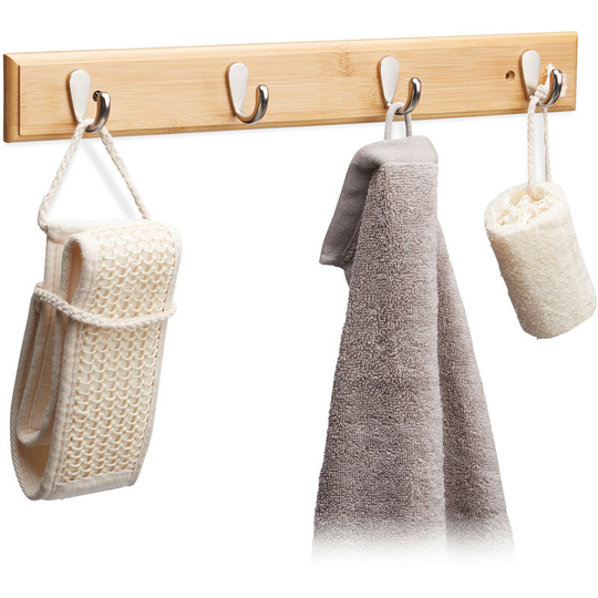 Relaxdays - Wall Coat Rack, Natural Grain, Bamboo & Metal, Hallway, Towel Holder, 4 Hooks, 6 x 48.5 x 5 cm, Natural