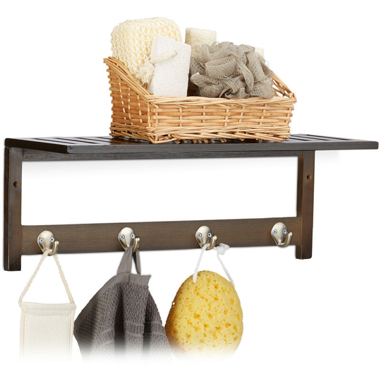 Relaxdays - Wall Rack with 4 Hooks, HxWxD: 17.5 x 50 x 16 cm, Bamboo, Towel Holder, Hallway Coat Rack, Floating, Dark Brown