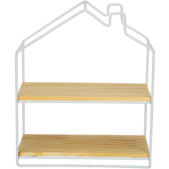 Wall Shelf Hanging Storage Double Layer Wooden Rack Iron Wire Floating Shelves White