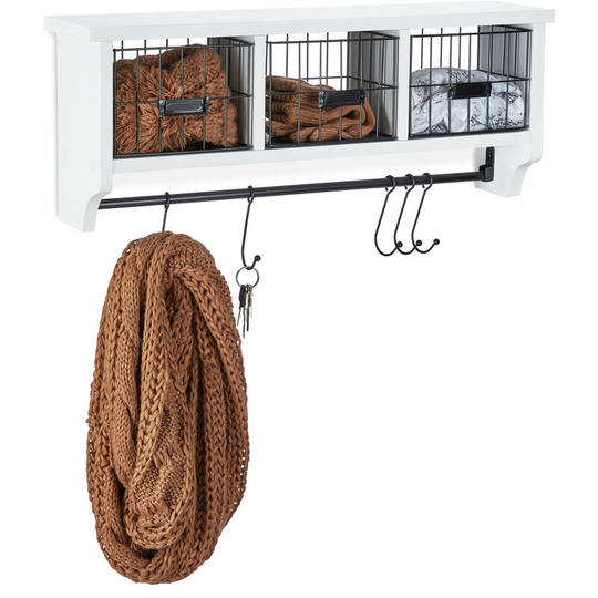 Wall Shelf, with Baskets and Hook Bar, Kitchen Storage Rack, mdf & Metal, hwd: 23.5 x 60 x 14 cm, White/Black - Relaxdays