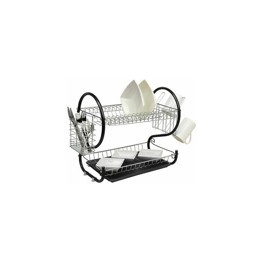 Viss - 2 Tier Chrome Dish Drainer Plates Holder Compact Sink Cutlery Cup Rack Drip Tray
