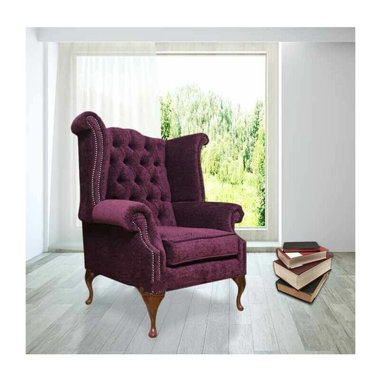 Chesterfield Fabric Queen Anne High Back Wing Chair Aubergine Velvet
