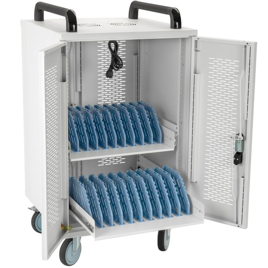 Rackmatic - Charging and transport cabinet for 20 tablets and laptops white with 24 schuko on 2 strips