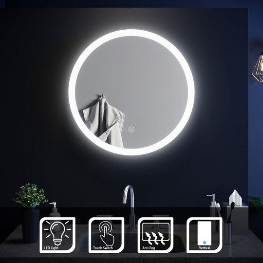 Elegant - Modern Round Illuminated led Bathroom Mirror Touch Sensor + Demister 600 x 600 mm