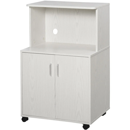 Kitchen Storage Unit Microwave Cart Trolley w/ Cabinet Wheels Shelf White - White - Homcom