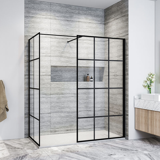Black 1000mm Walk in Shower Screen + 800mm Side Panel+ 1600x800mm Anti-Slip Resin Shower Tray + Dotted Stainless steel drain cove - Elegant