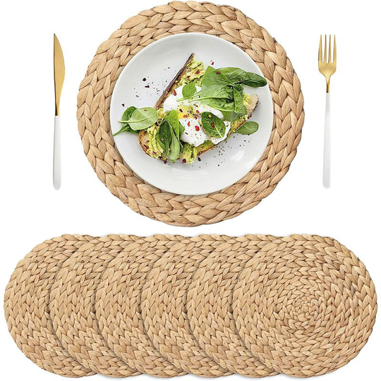 Set of 6 29cm Woven Placemats, Natural Hand Woven Water Hyacinth Placemats, Woven Rattan Round Placemats for Dining Table, Large Woven Round