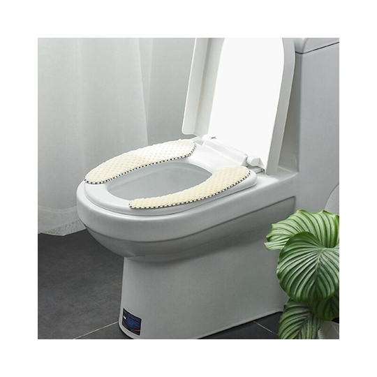 2 Pairs Beige Plush Thick Warm Padded Toilet Seat Soft Non Slip Cover Mat Washable Toilet Seat Pad Bathroom Warmer with Adhesive Tape
