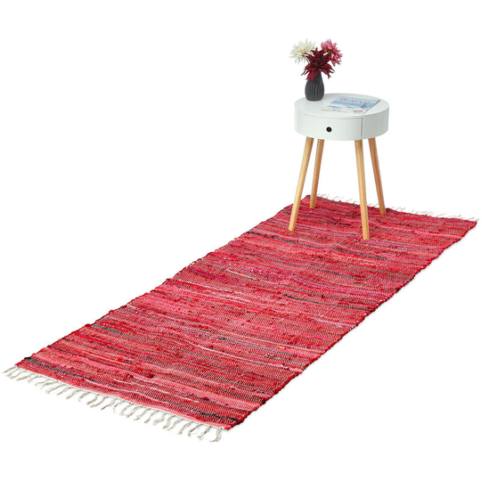 Flatweave rug, made of cotton, anti-slip, runner with tassels, floor rug, size 80 x 200 cm, shades of red - Relaxdays