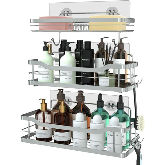 Pack Adhesive Shower Shelves for Shower Interior, Bathroom Shelf, Wall Mounted Shower Organizer with 4 Hooks No Drilling, Rust Proof