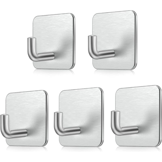 Perlerare - 5 Pieces Adhesive Hook, Stainless Steel Wall Hook, Waterproof Self-adhesive Towel Holder Without Drilling for Bathroom, Kitchen