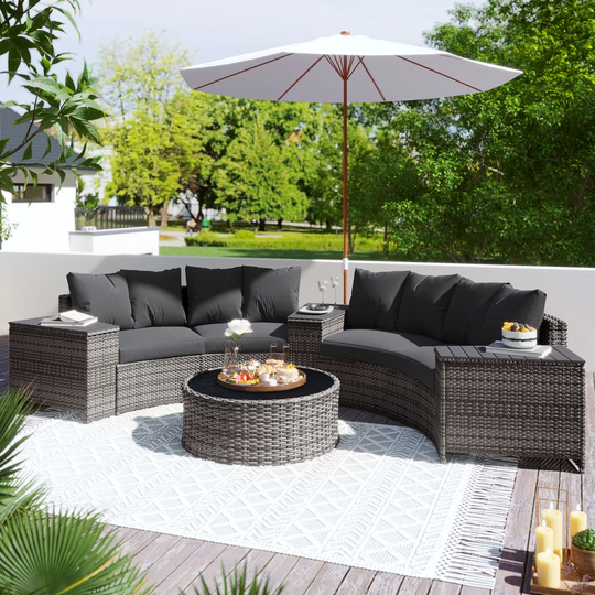 Fan-Shaped Rattan Sofa With Round Coffee Table Garden Furniture Set With Grey Anti-UV Cushions Removable Covers