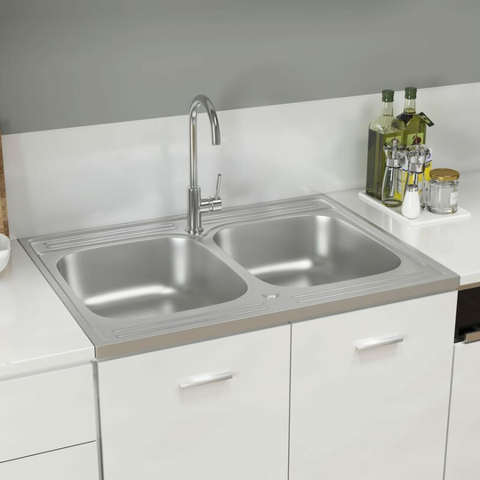 Kitchen Sink with Double Basins Silver 800x600x155 mm Stainless Steel FF147235_UK - Topdeal
