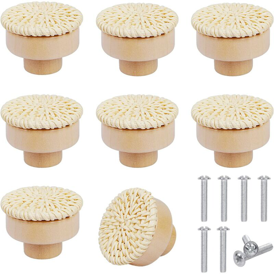 Perlerare - 8Pcs Rattan Cabinet Knobs Round Wooden Drawer Knobs Handles Wooden Cabinet Door Knobs with Screwdriver for Cupboard Door Kitchen Bedroom