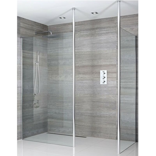 Alto - Corner Walk In Wet Room Shower Enclosure with 800mm & 700mm Screens, Profile, Floor to Ceiling Poles and 400mm Tile Insert Shower Drain