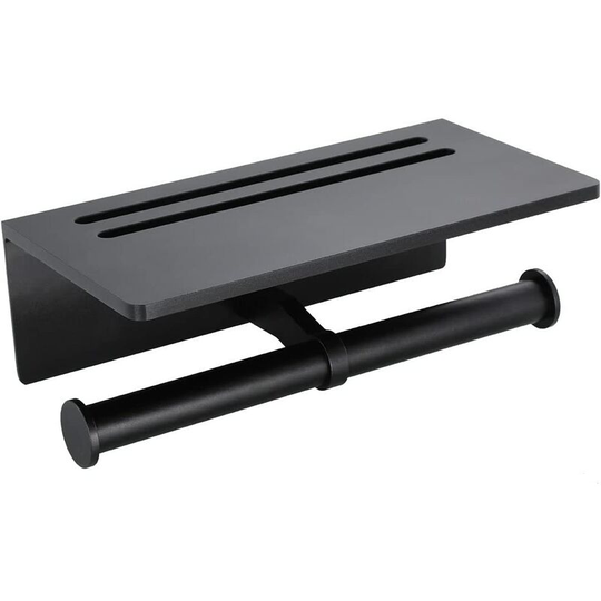 Toilet Paper Holder, Rustproof Aluminum Double Roll Toilet Paper Holder with Cell Phone Shelf for Bathroom (Black), 3M Self Adhesive No Drilling or
