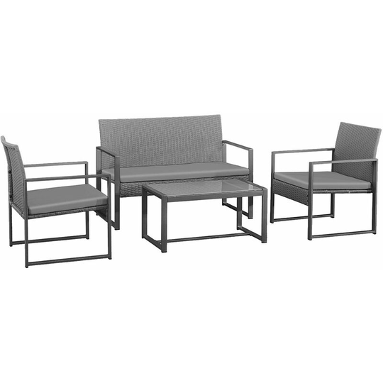 Caprera - Gray woven resin garden furniture - Steel structure - 4 seats - 2-seater sofa, 2 armchairs, 1 rectangular coffee table - Gray