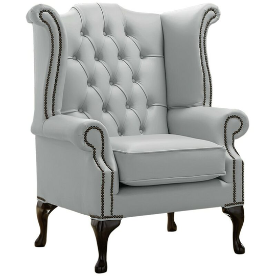 Chesterfield Queen Anne High Back Wing Chair Shelly Silver Grey Leather