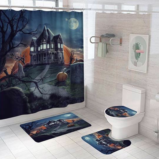 Halloween Castle Shower Curtain Sets, Halloween Bathroom Decor Set 71 Inch x 71 Inch - Shower Curtain with Mat, Toilet Lid Cover, Bath Mat