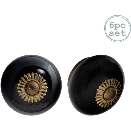 Round Ceramic Cabinet Knobs - Black - Pack of 6 - Nicola Spring