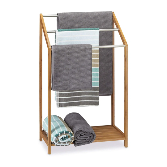 Bamboo Towel Holder Freestanding Shelf Modern With 3 Rails, Brown, 85 X 51 X 31 Cm