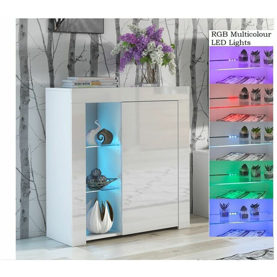 White Gloss Glass Display Cabinet Bookcase Shelf Unit Compact Small with rgb led Light Lily - White Gloss