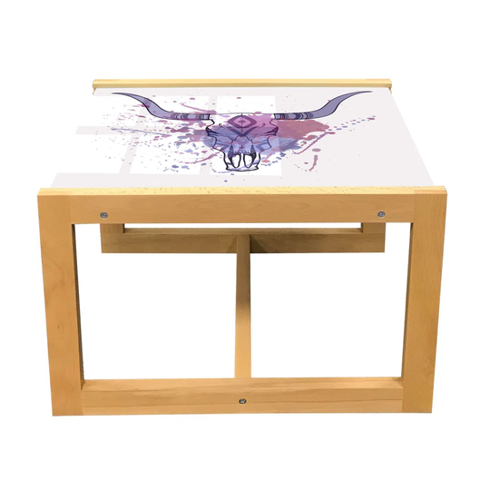 Longhorn Coffee Table, Graphic Of Bull Skull With Paint Splashes In Purple Tones, Acrylic Glass Center Table With Wooden Frame For Offices Dorms Eggsh