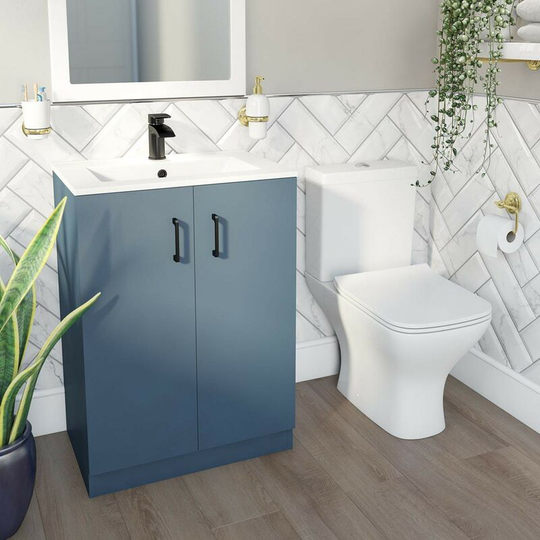 Orchard - Lea ocean blue floorstanding vanity unit with black handle 600mm and Derwent square close coupled toilet suite - Blue