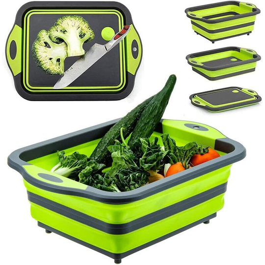 Foldable Chopping Board with Colander, Multifunction Folding Camping Sink, Fruit and Vegetable Silicone Plastic Tray Sink Storage Basket (Green)