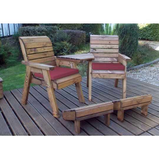Charles Taylor Deluxe Wooden Angled 2 x Chair Lounger & Footstool Red Cushion