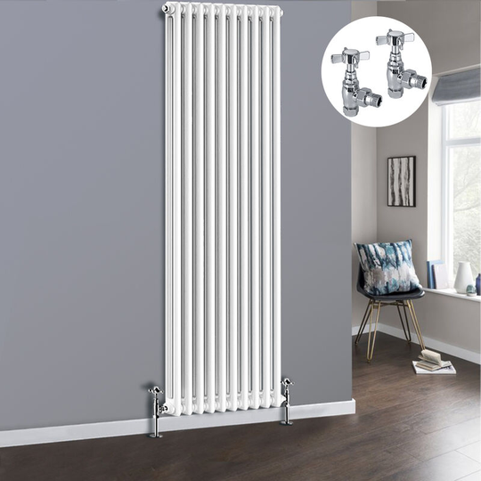 NRG - White 2 Column Traditional Cast Iron Style Radiator with Chrome Angled Cross Head Manual Valves Vertical 1800x470mm