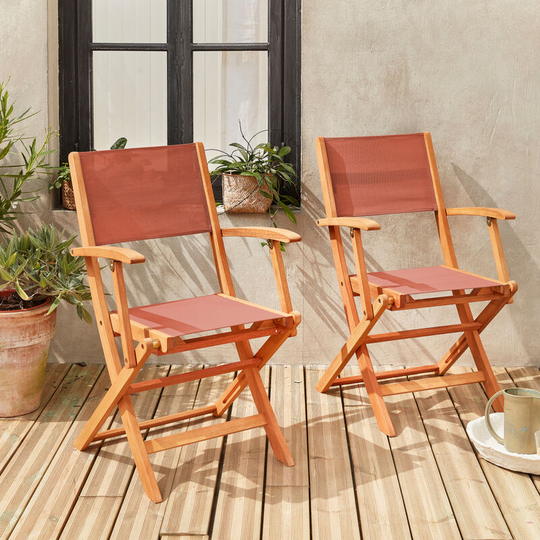 Wood and textilene garden armchairs - Terracotta Almeria - 2 oiled fsc Eucalyptus and textilene folding armchairs - Terracotta