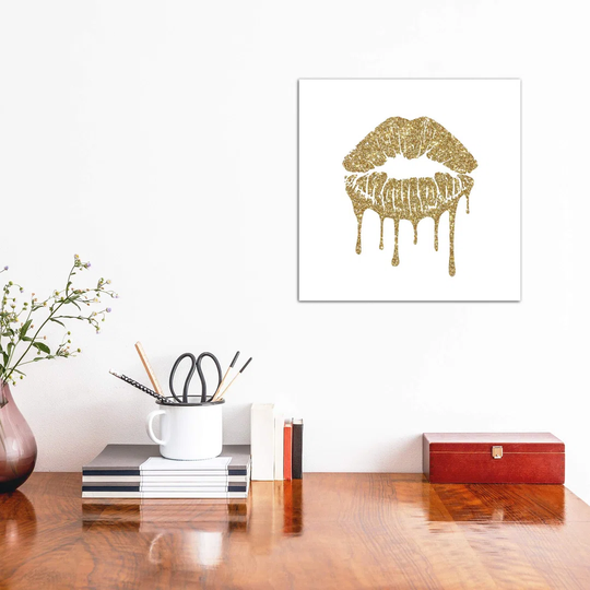Gold Kiss Mark Drips, Square by Amanda Greenwood - Wrapped Canvas Graphic Art Print